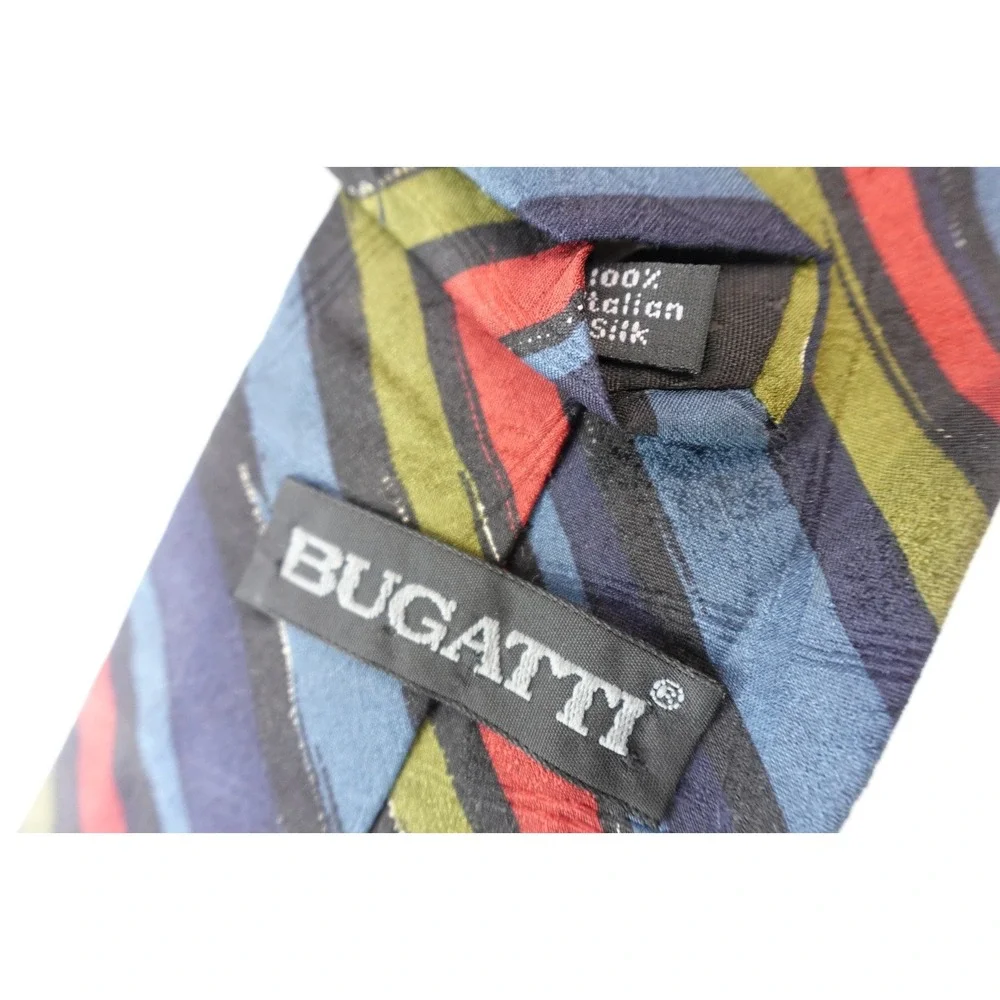 Vintage Bugatti Tie 100% Italian Silk Striped Red‎ Blue Green Mens Necktie